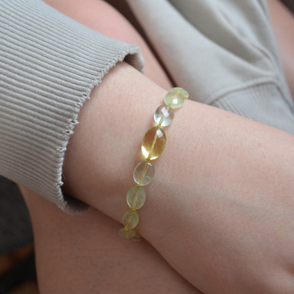 Prehnite and Fluorite Hand Knotted Bracelet with Lemon Quartz