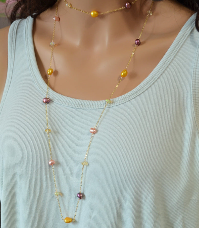 Long Wrap Necklace with Opal Citrine and Pearls