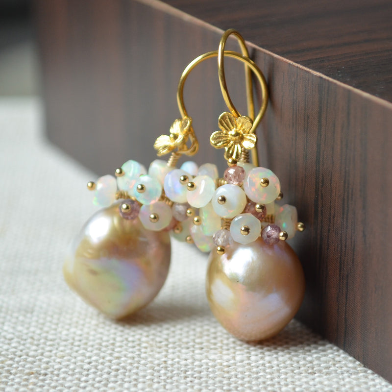 Opal Cluster Earrings with Large Freshwater Pearls