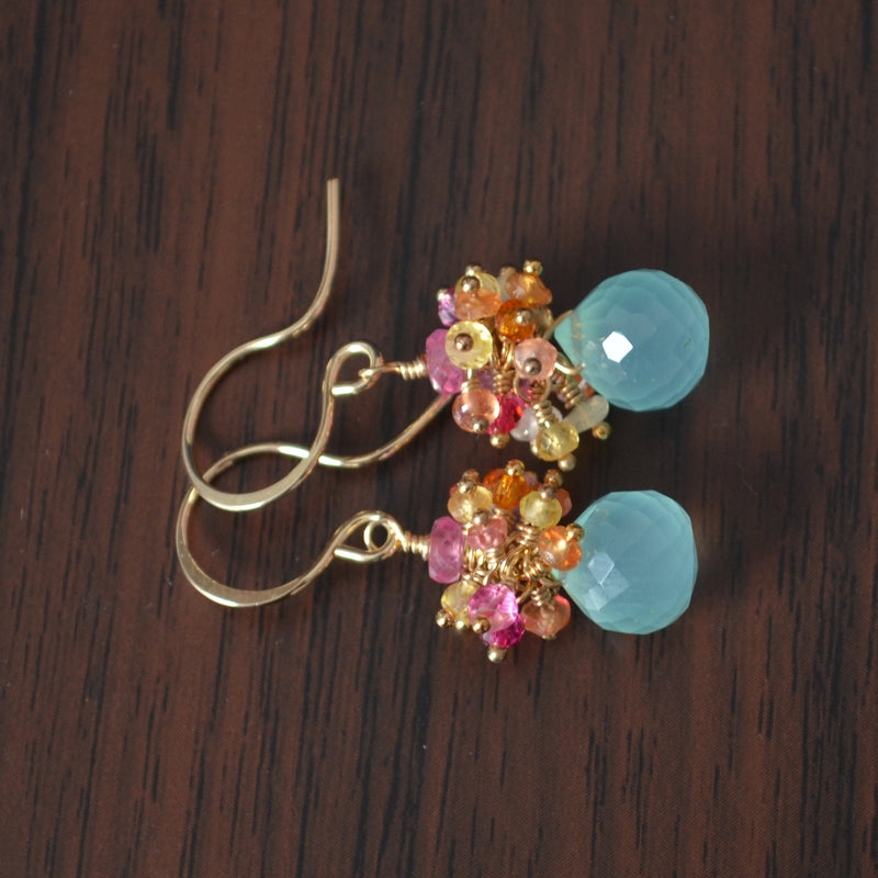 Aqua Chalcedony Earrings with Sapphires and Quartz