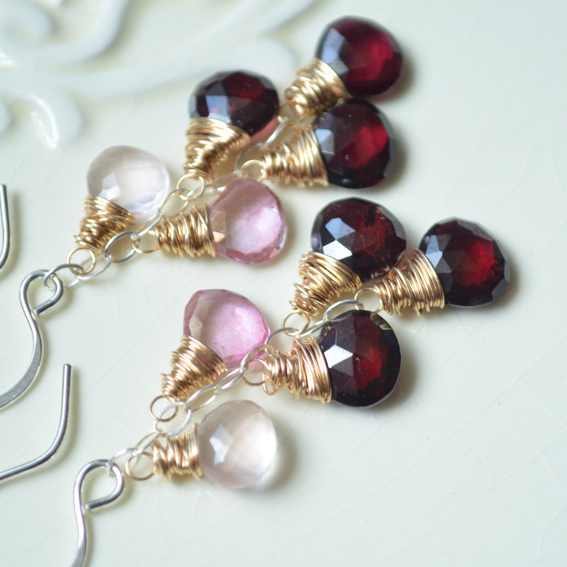 Real Garnet Earrings with Pink Topaz and Rose Quartz