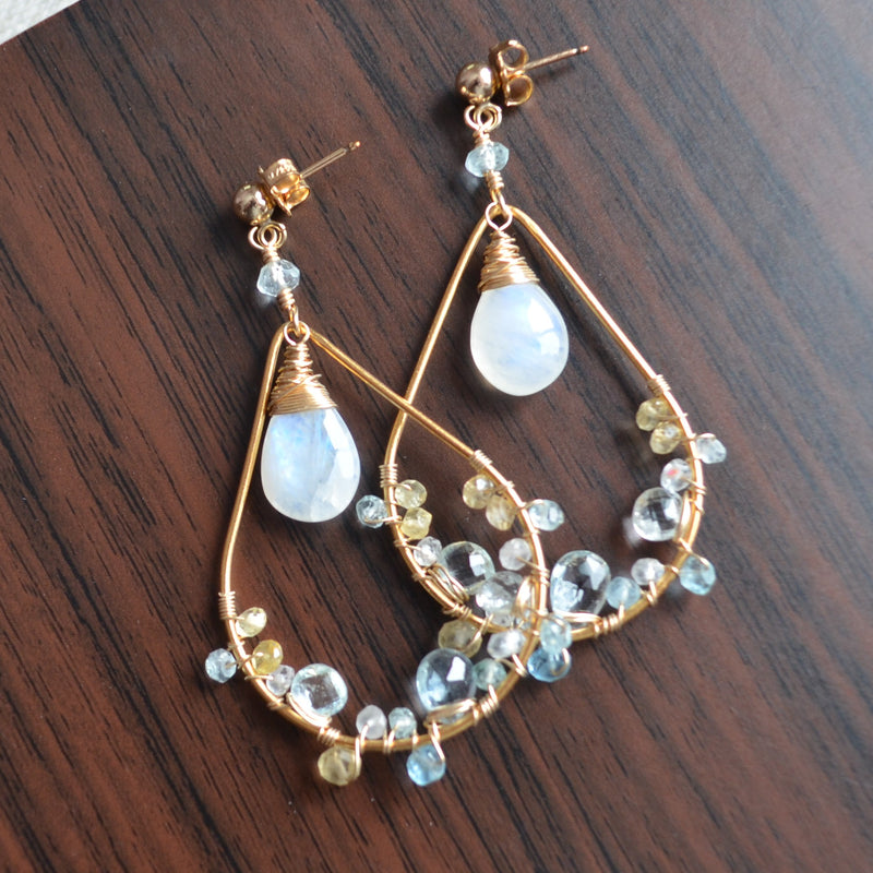 Moonstone and Aquamarine Earrings in Gold