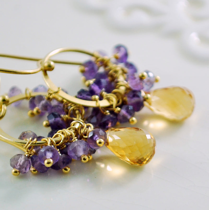 Citrine Earrings in Gold with Amethyst Clusters