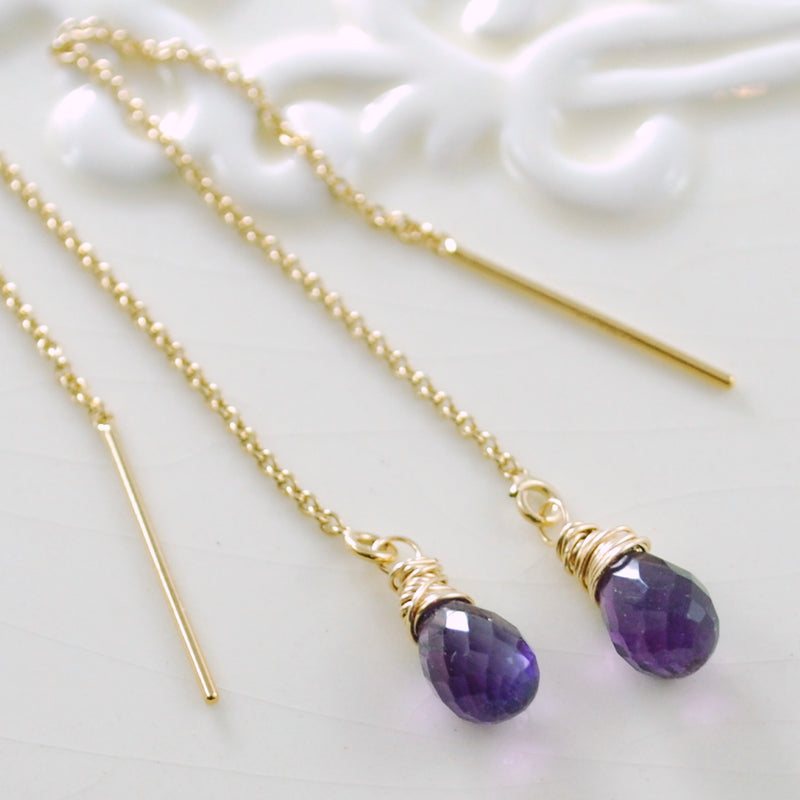 Purple Amethyst Threader Earrings in Gold or Silver