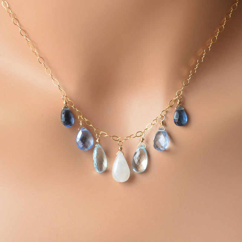Blue Topaz and Moonstone Necklace in Gold with Quartz