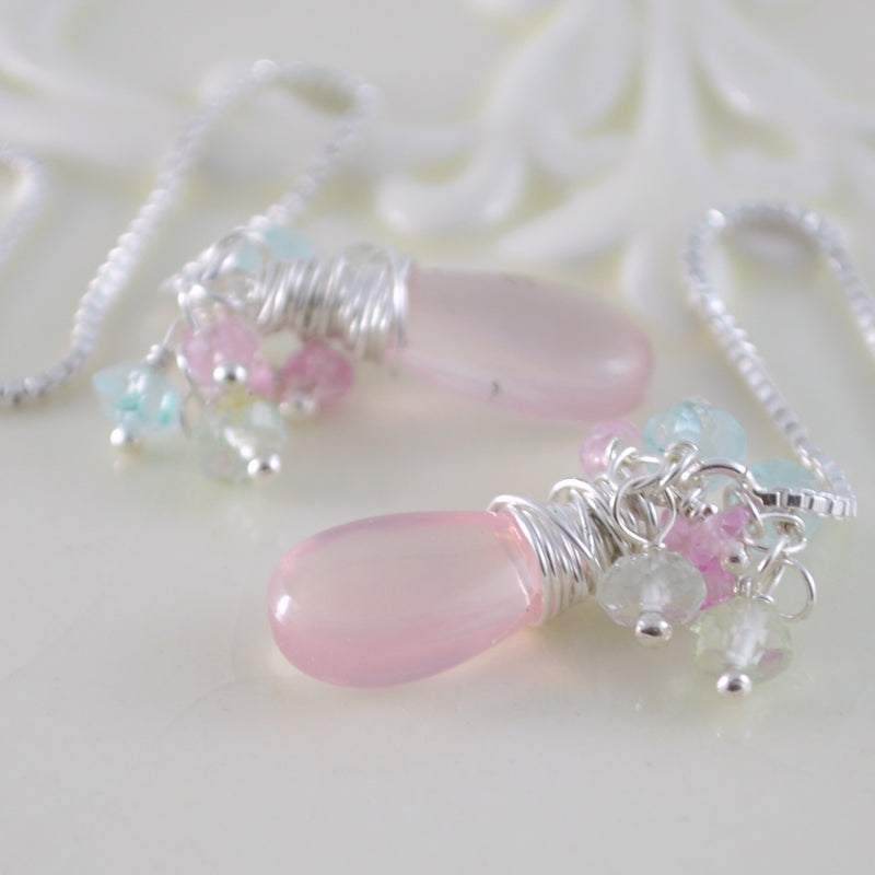Rose Quartz Threader Earrings with Aquamarines and Rubies
