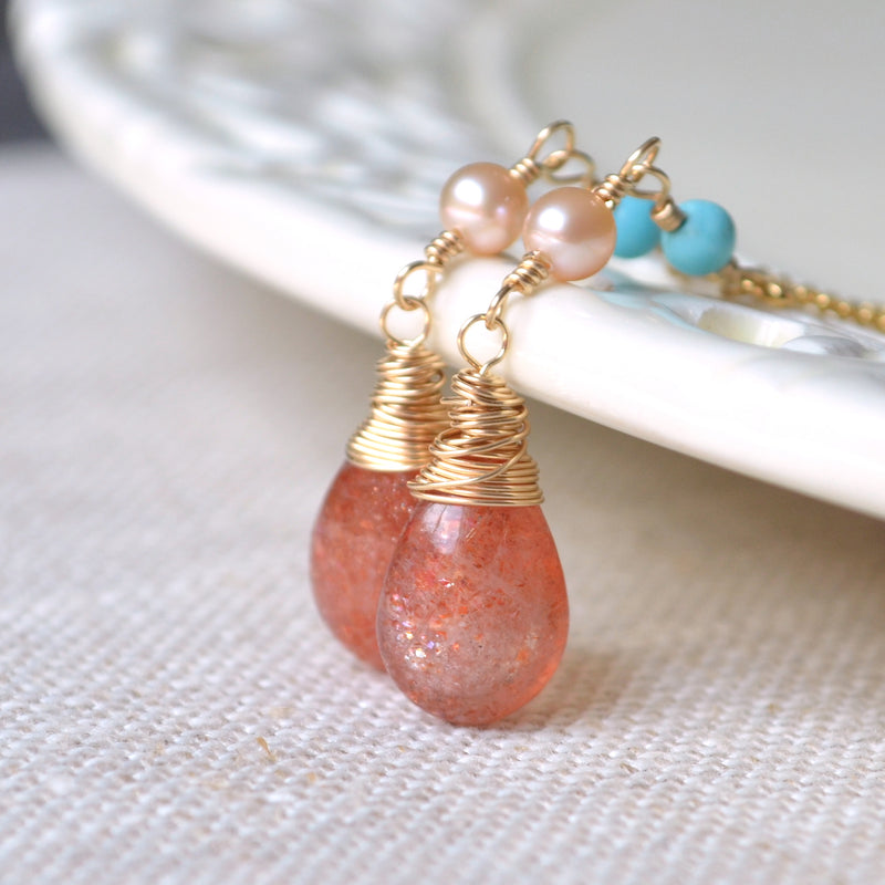 Sunstone Threader Earrings with Peach Pearls and Turquoise