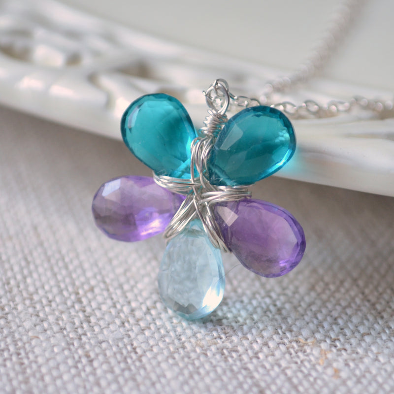 Teal Flower Necklace with Amethyst and Quartz