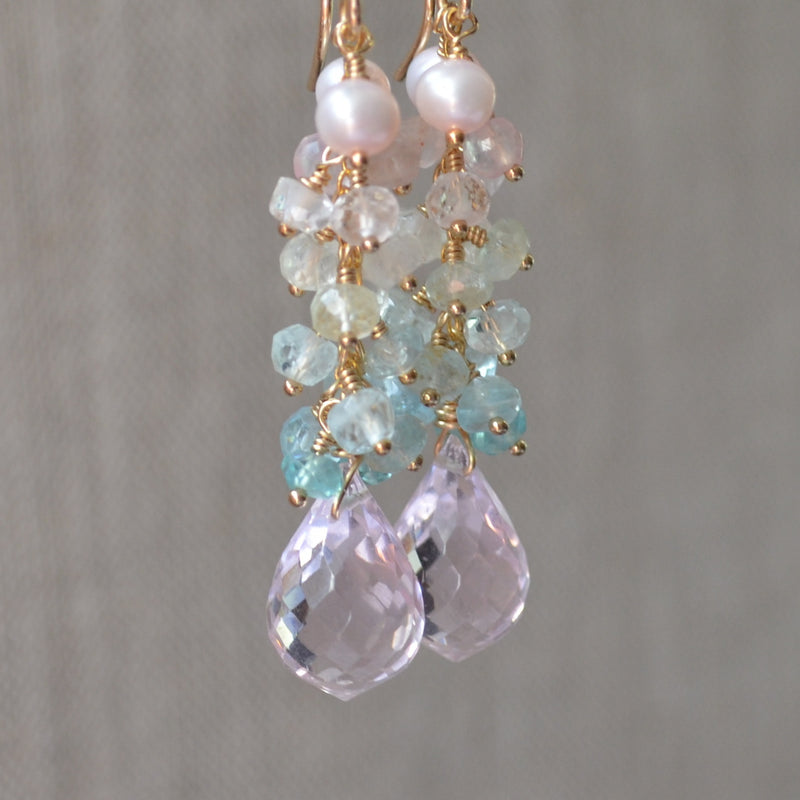 Morganite Quartz Earrings with Opals and Tanzanite
