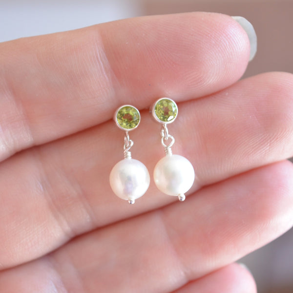 Pearl Dangle Earrings with Peridots