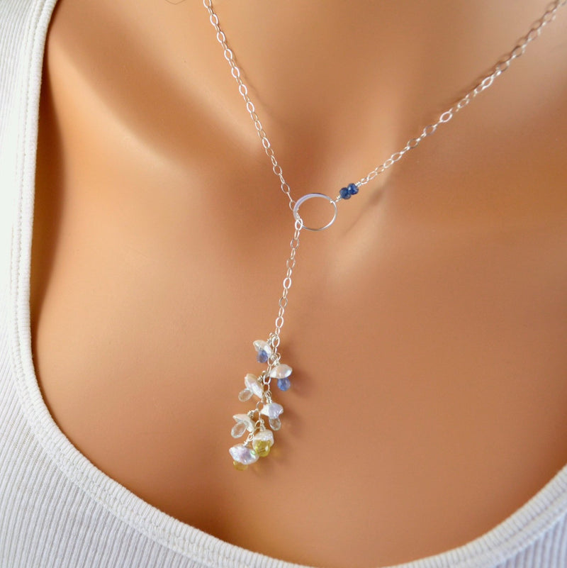 Sterling Silver Lariat Necklace with White Keishi Pearl