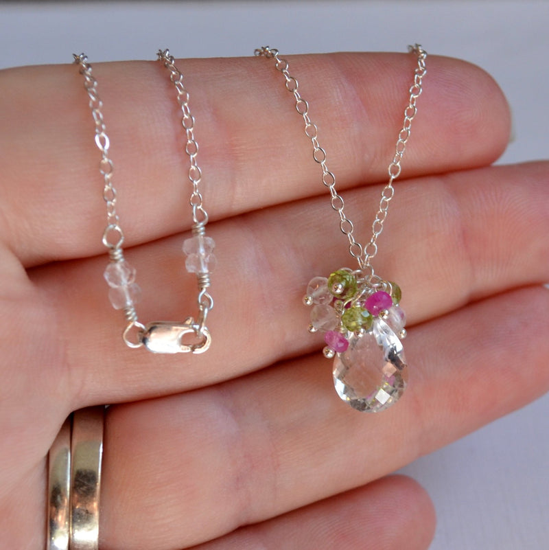 Spring Bridal Necklace with Crystal Quartz Peridot and Pink Sapphire - Spring Thaw