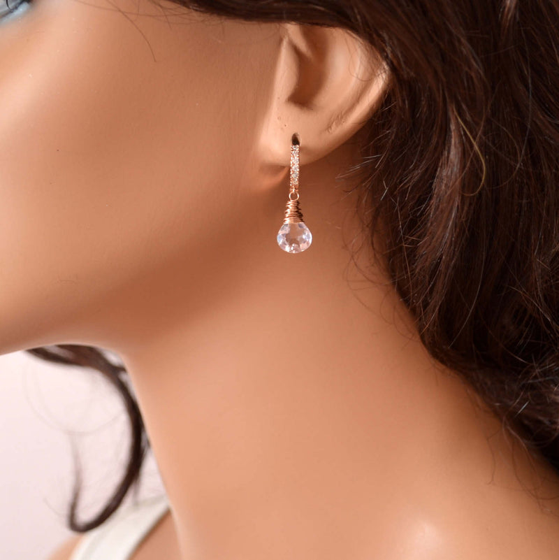 Rose Gold Huggie Earrings with Morganite Quartz - Pink Ice