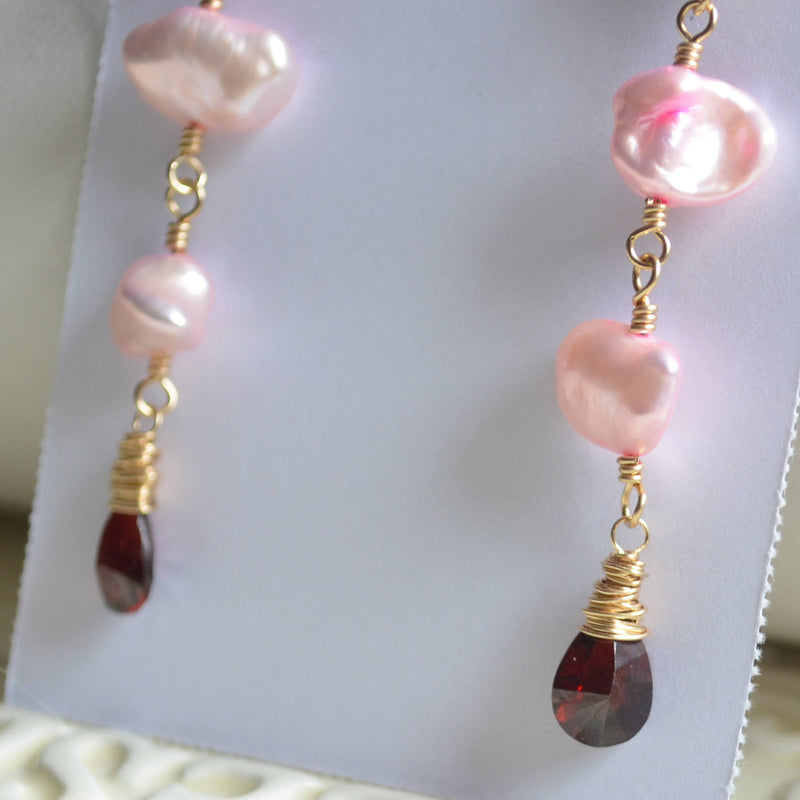 Pink Pearl and Garnet Earrings for Valentine's Day - Long Romance