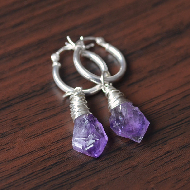 Sterling Silver Hoops with Raw Amethyst Stones