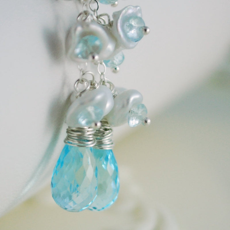 Blue Topaz Bridal Earrings with Pearls - Snowy Sky