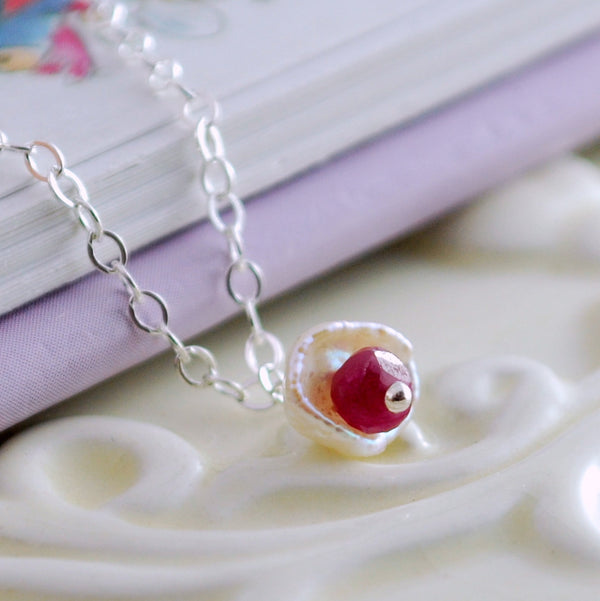 Dainty Pearl and Ruby Necklace for Girls