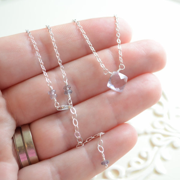Pink Amethyst Necklace with a Simple Diamond Cut Pendant