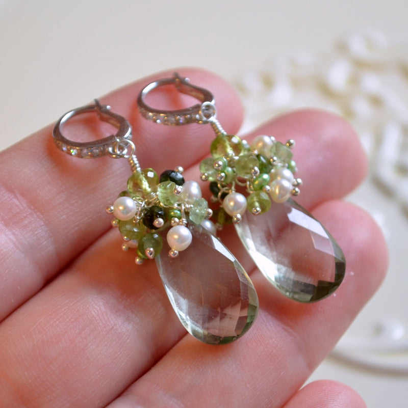 Green Amethyst Bridal Earrings with Peridot and Tourmaline - Spring Greens