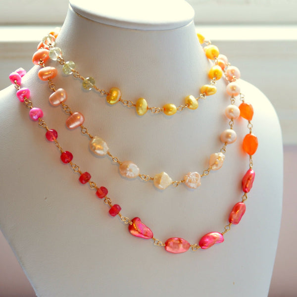 Long Coral Pink Orange and Yellow Necklace - Changing Sunrise