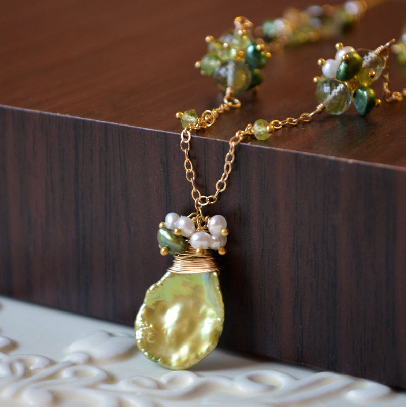 Green and White Gemstone and Pearl Necklace - Lily of the Valley