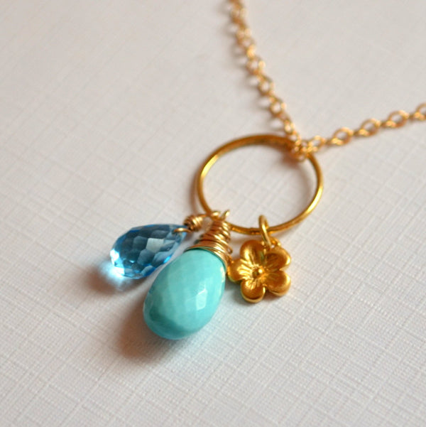 Real Turquoise Necklace with Gold Flower Charm and Swiss Blue Topaz