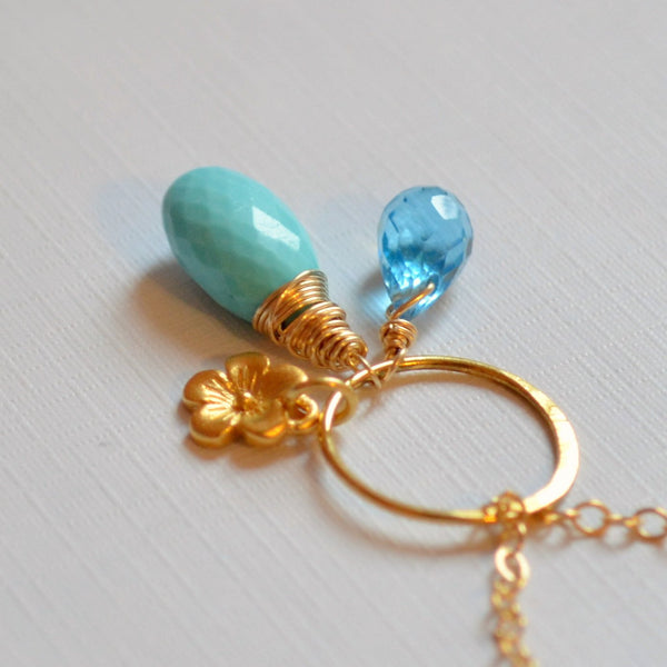 Real Turquoise Necklace with Gold Flower Charm and Swiss Blue Topaz