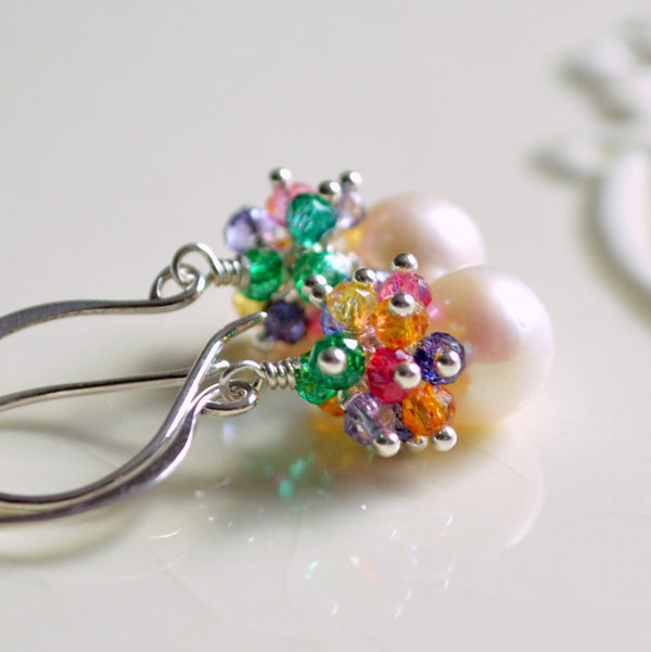 Real Pearl Earrings with Bright Gemstone Clusters - Sprinkles