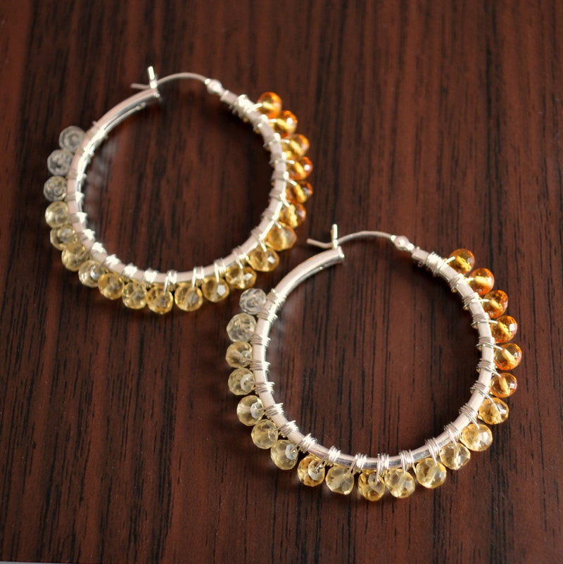Citrine Hoop Earrings with Real Shaded Gemstones