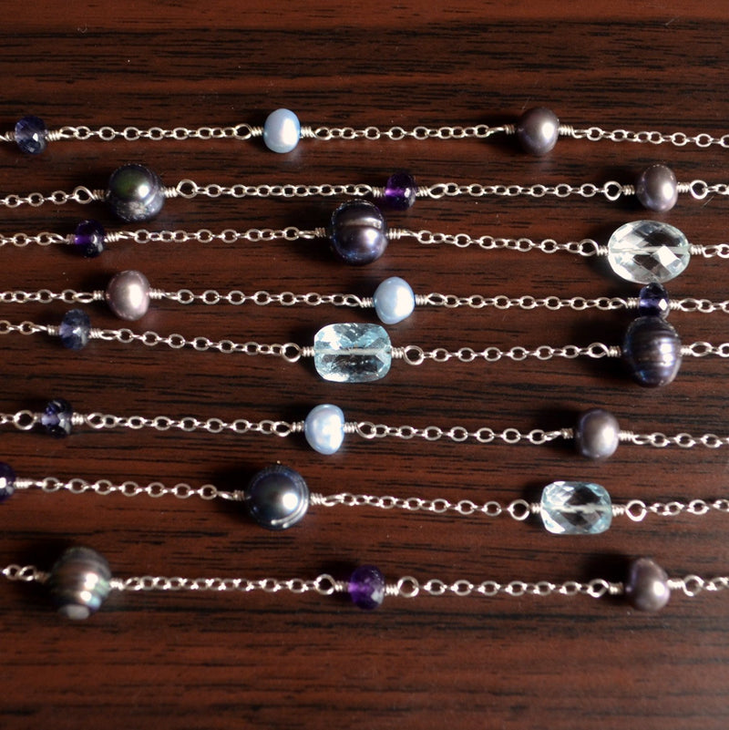 Long Silver Necklace with Blue Topaz Amethyst and Peacock Pearls - Silver Peacock