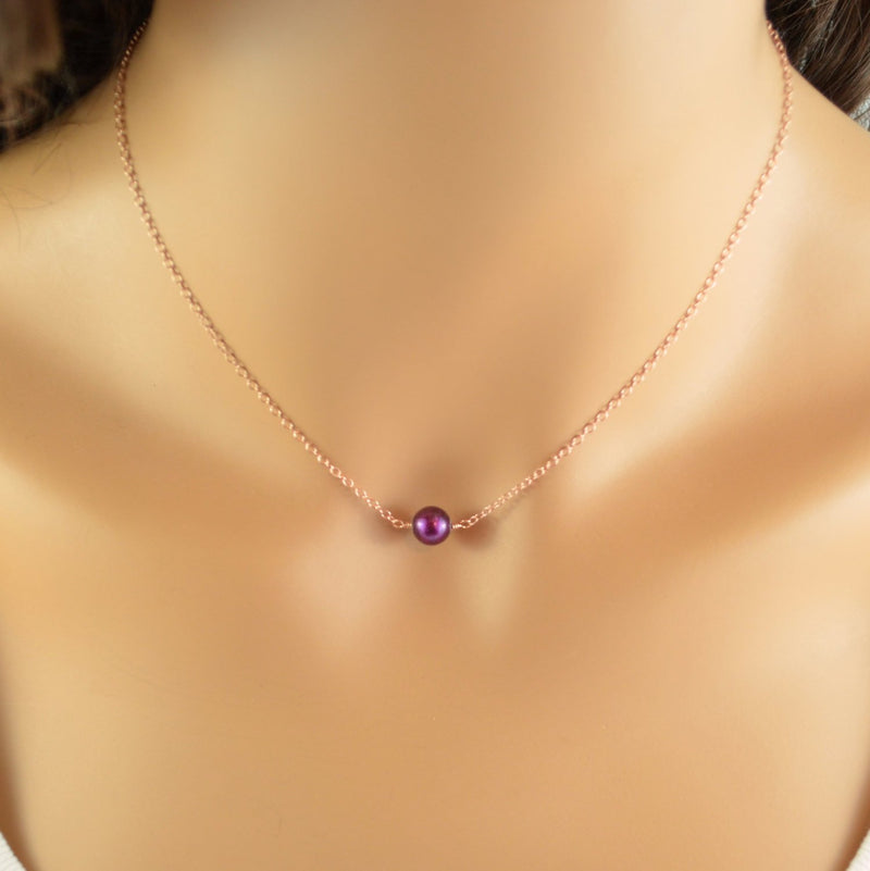 Rose Gold Choker Necklace with Real Freshwater Pearl in Mulberry Wine Burgundy