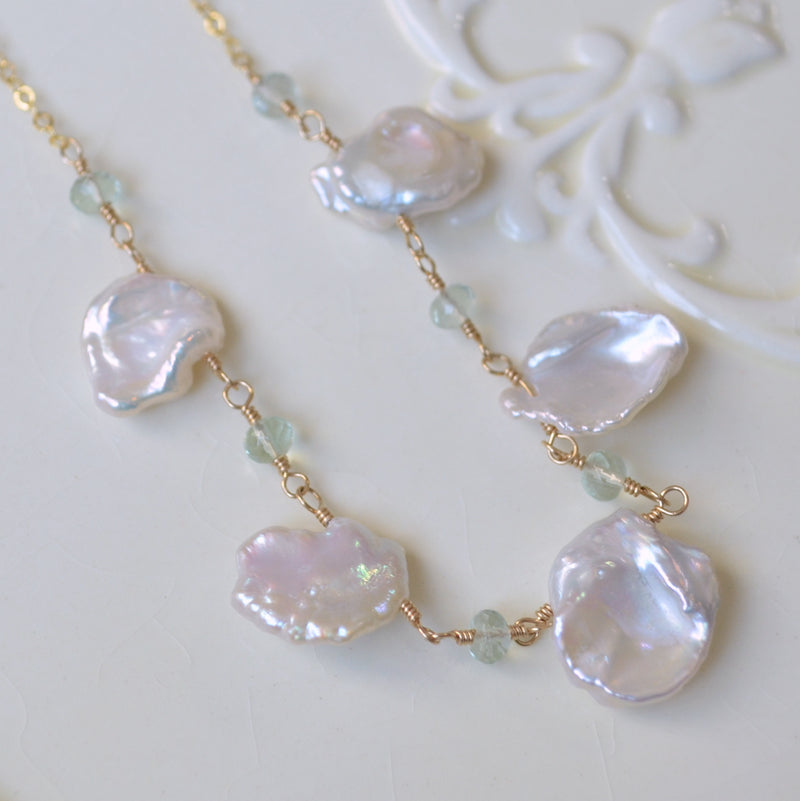 Keishi Pearl Necklace with Green Amethysts in Gold or Silver