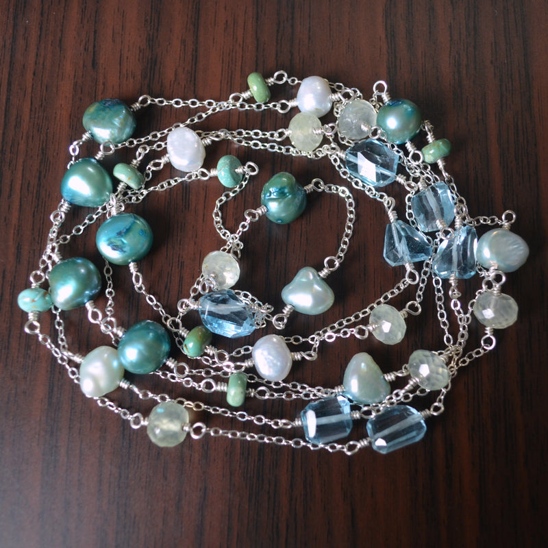 Long Wrap Necklace in Silver with Blue Topaz and Turquoise