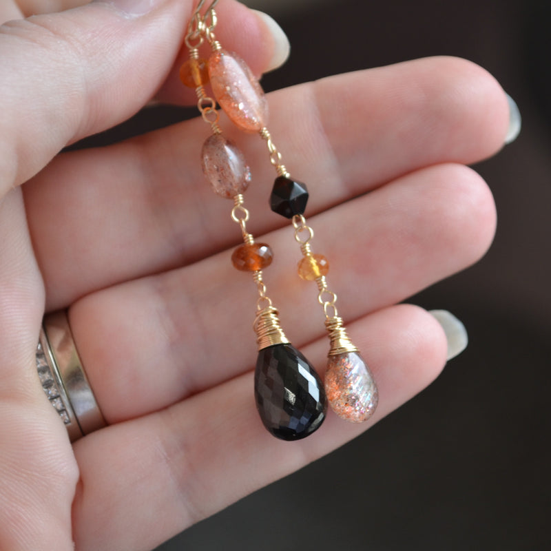 Long Sunstone Earrings with Black Spinel and Citrine