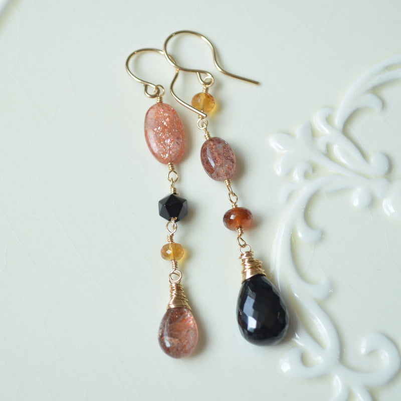 Long Sunstone Earrings with Black Spinel and Citrine