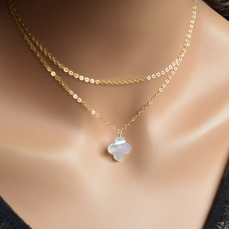 Black Mother of Pearl Necklace with Double Silver Chains