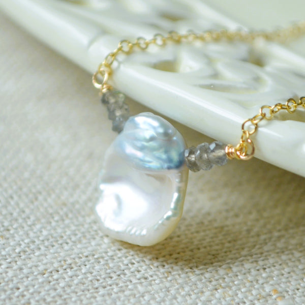 White Keishi Pearl Necklace with Labradorite