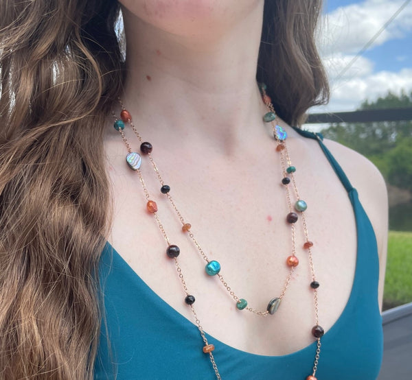 Long Wrap Necklace in Rose Gold with Abalone