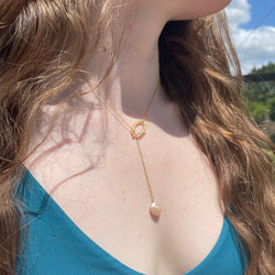 Pink Coin Pearl Lariat Necklace in Gold