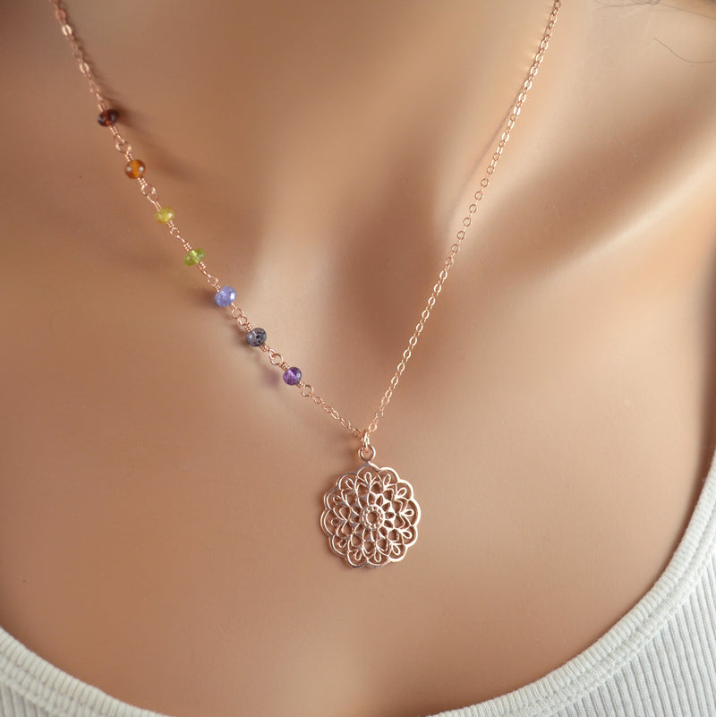 Sterling Silver Mandala Necklace with Rainbow Gemstones