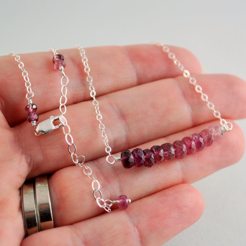 Pink Tourmaline Necklace, Row Bar Necklace in Silver