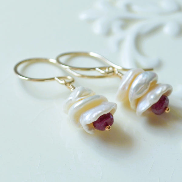 Keshi Pearl Earrings with Ruby Gemstones