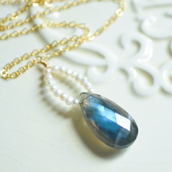 Labradorite Pendant Necklace with White Seed Pearls