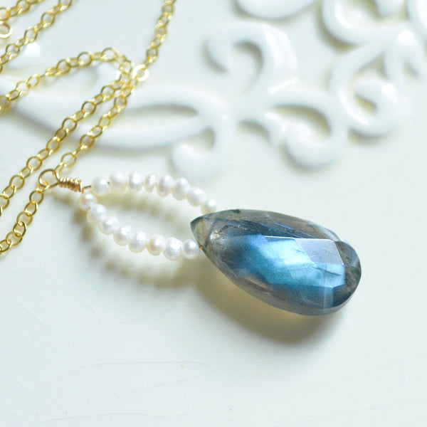 Labradorite Pendant Necklace with White Seed Pearls