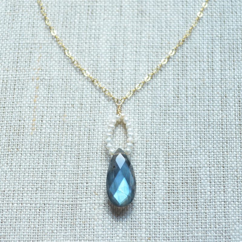 Labradorite Pendant Necklace with White Seed Pearls