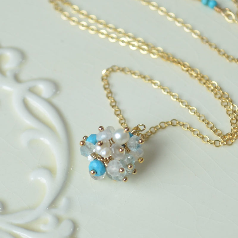 Gemstone Cluster Necklace in Blue and White