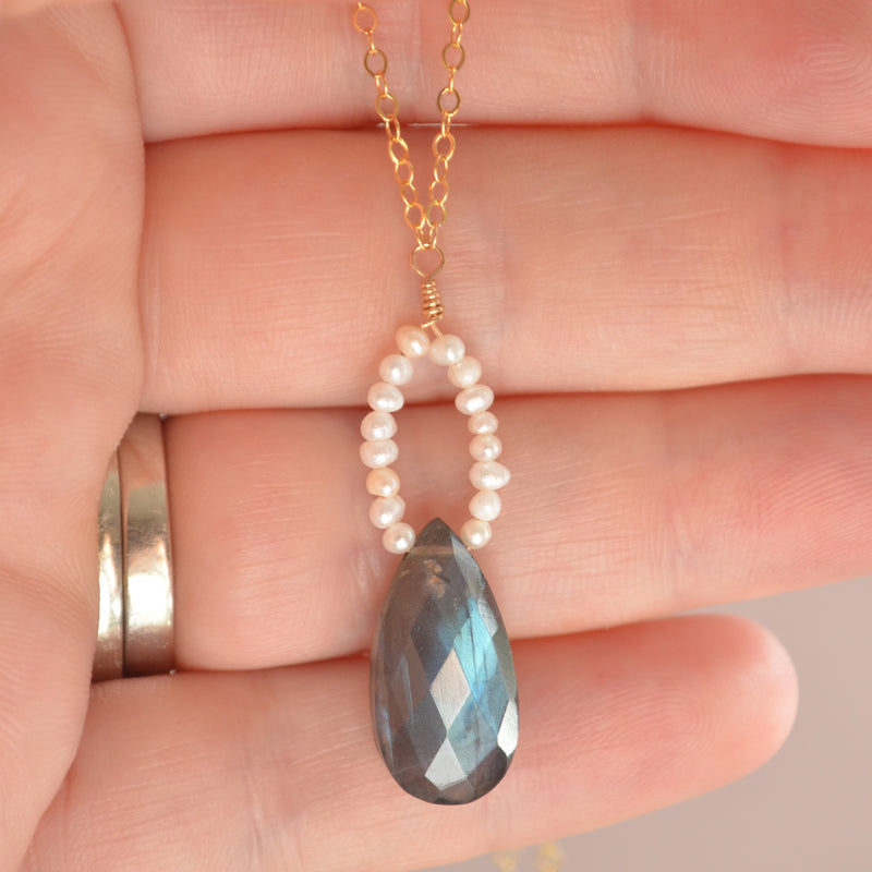 Labradorite Pendant Necklace with White Seed Pearls