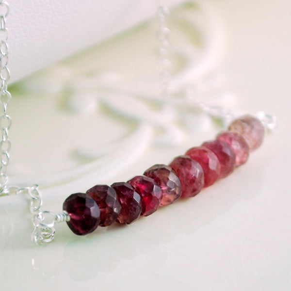 Pink Tourmaline Necklace, Row Bar Necklace in Silver