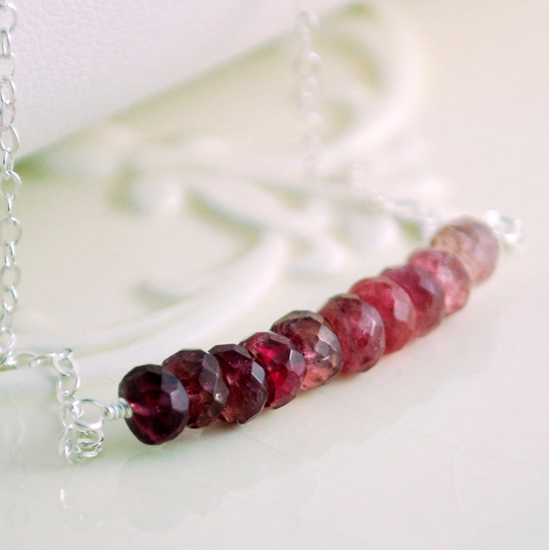 Pink Tourmaline Necklace, Row Bar Necklace in Silver