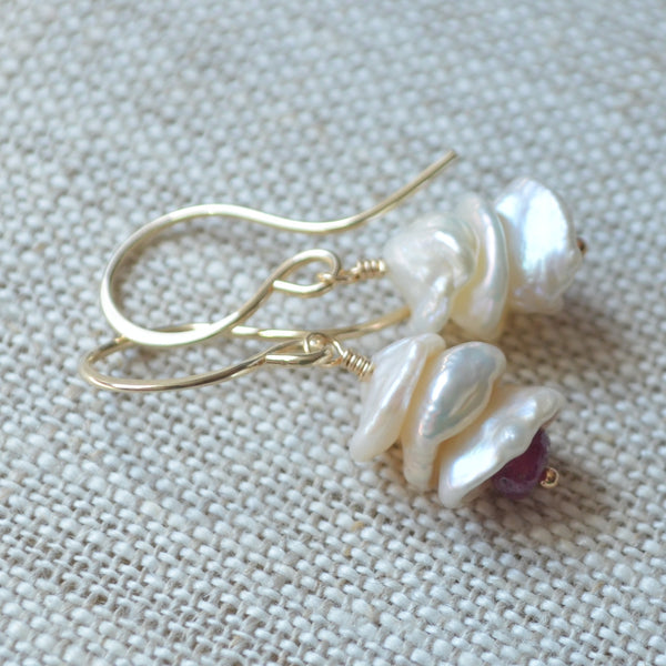 Keshi Pearl Earrings with Ruby Gemstones